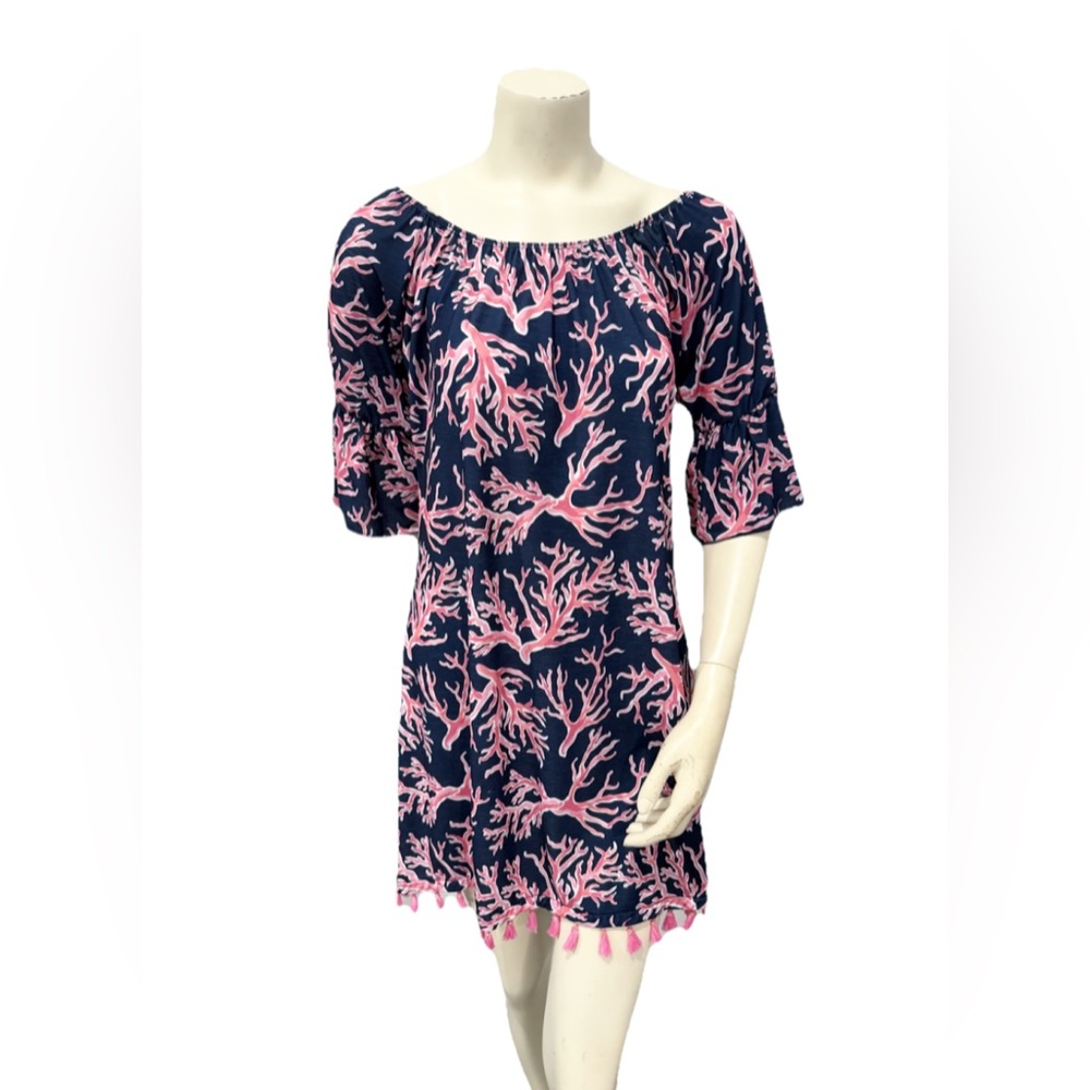 Simply Southern Dress Naples Short Sleeve Coral Print Tassel Hem Womens M Beach